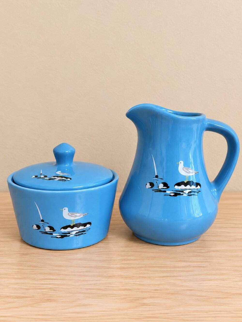 Kingswear Pottery England Seaside Blue Creamer Covered Sugar Set Sailboat
